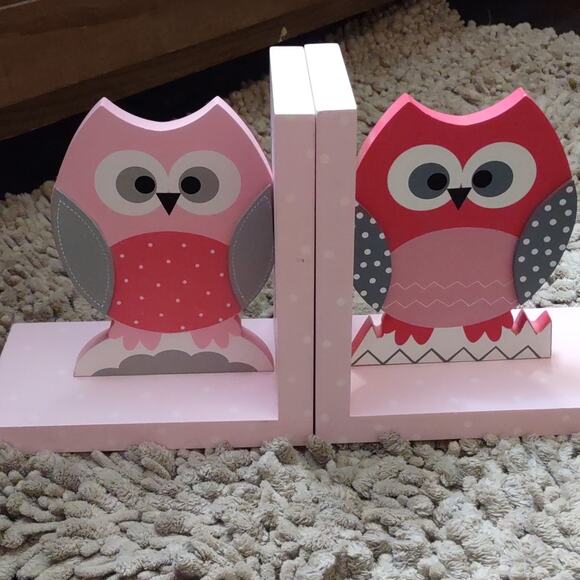 New Pink Gray Polka‎ Dot Owl Wooden Bookends 4x7 inches - Picture 1 of 8